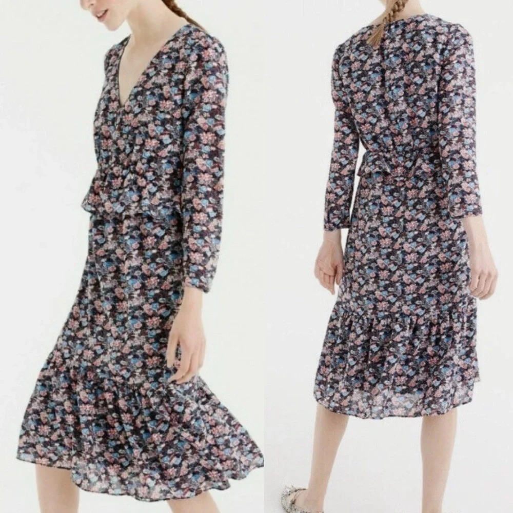 J. Crew Ruffle Hem Paisley Floral Midi Dress Sz 4 Ling Sleeve